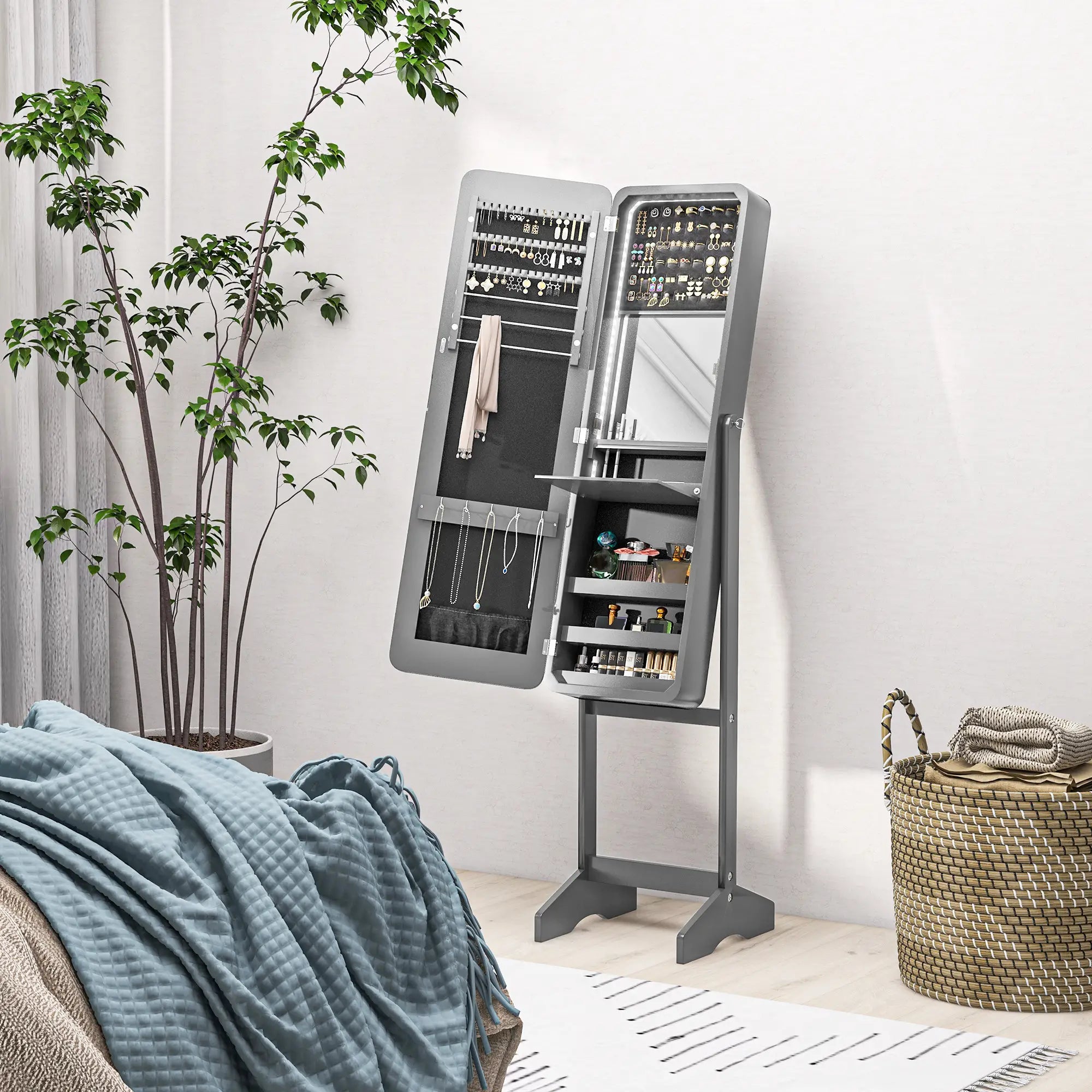 Standing Mirror Jewelry Cabinet, LED Lights, Angle Adjustable, Grey Jewelry Armoire & Jewellery Mirror Cabinets at Gallery Canada