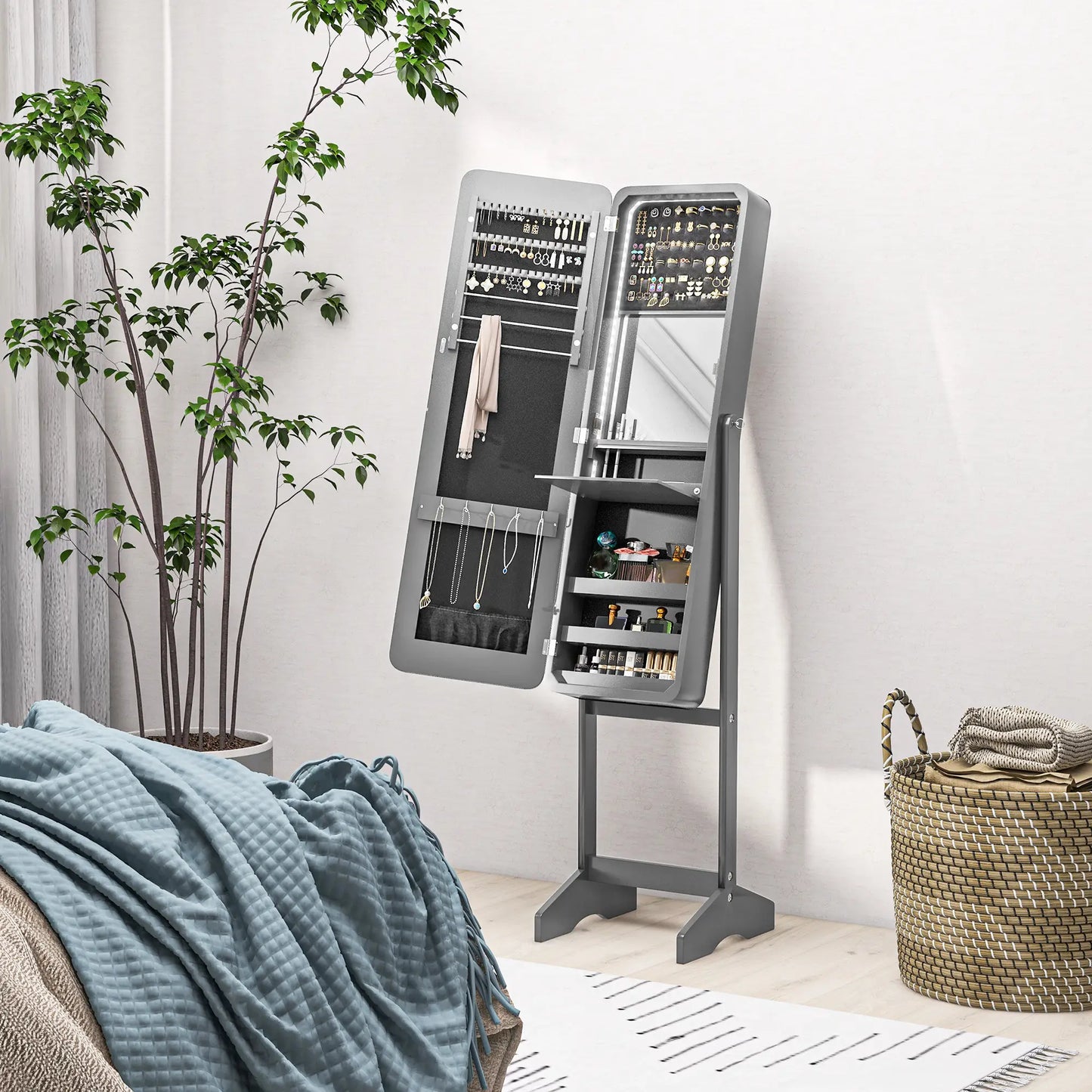 Standing Mirror Jewelry Cabinet, LED Lights, Angle Adjustable, Grey Jewelry Armoire & Jewellery Mirror Cabinets at Gallery Canada