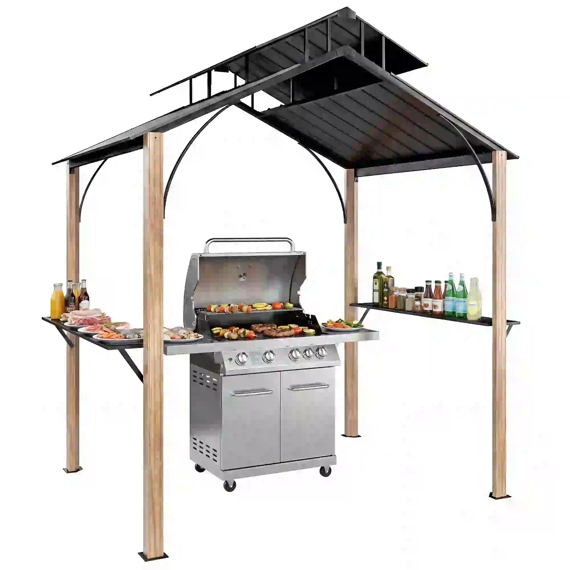 8 x 6ft Hardtop Grill Gazebo, Metal Double Roof, Wood-Grain Aluminum Frame BBQ Grill Gazebos at Gallery Canada