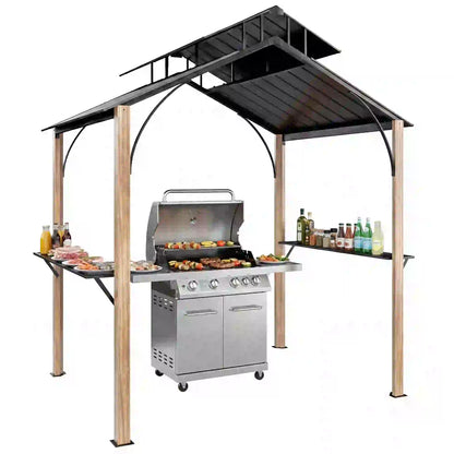 8 x 6ft Hardtop Grill Gazebo, Metal Double Roof, Wood-Grain Aluminum Frame BBQ Grill Gazebos at Gallery Canada