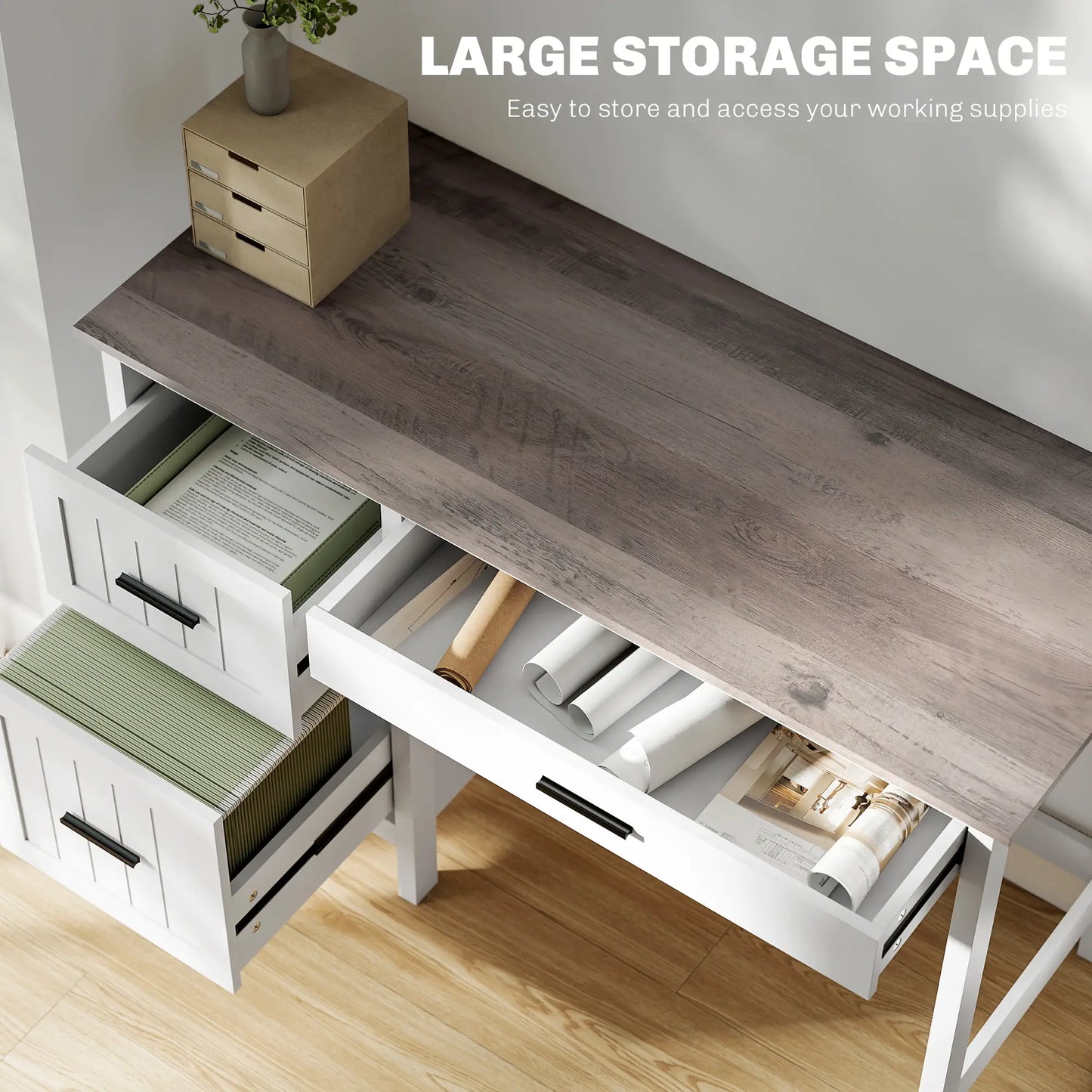 Farmhouse Computer Desk, 3 Drawers, Wood Grain Top, White Computer Desks at Gallery Canada