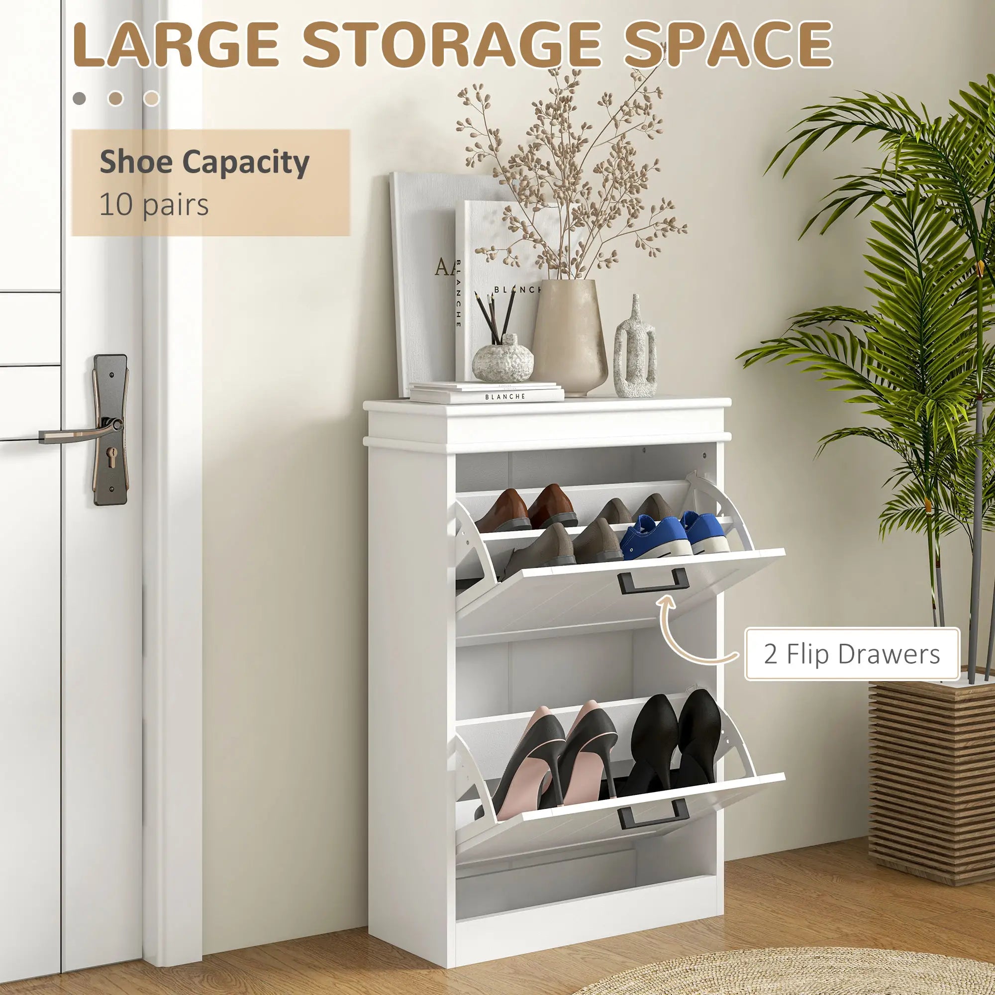 Shoe Storage Cabinet, 2 Flip Drawers, Adjustable Shelves, 10 Pairs, White Shoe Storage Cabinets & Racks at Gallery Canada