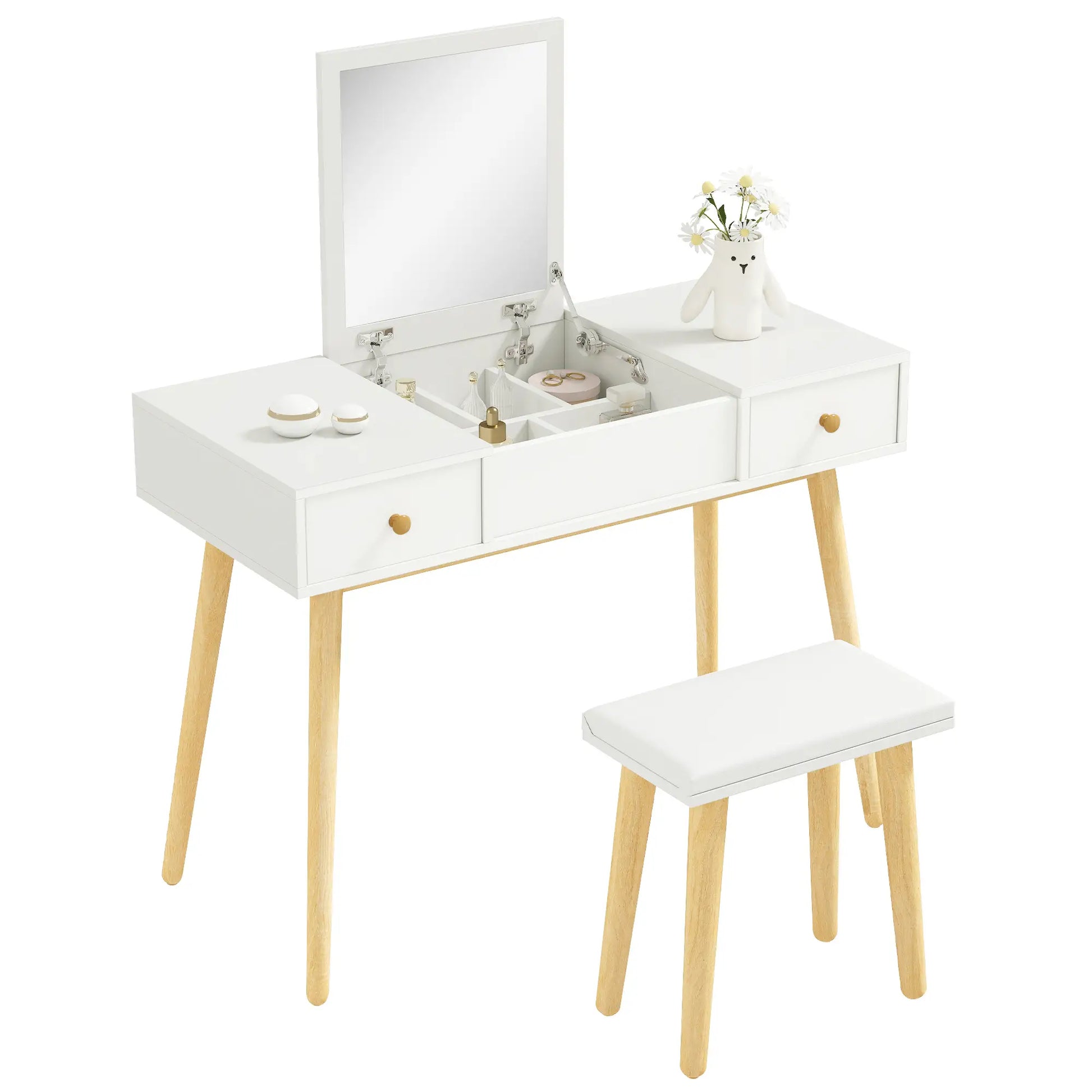 Dressing Table Set with Mirror, Stool, 2 Drawers, White Dressing & Vanity Tables White at Gallery Canada