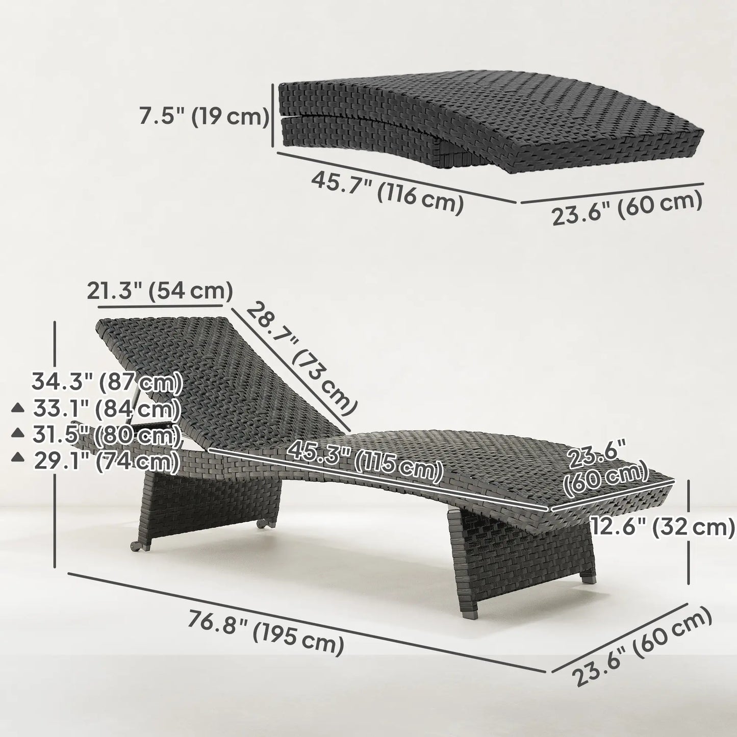 Folding Wicker Outdoor Chaise Lounge, 4-Level Adjustable Backrest, Black Wicker Chaise Loungers at Gallery Canada