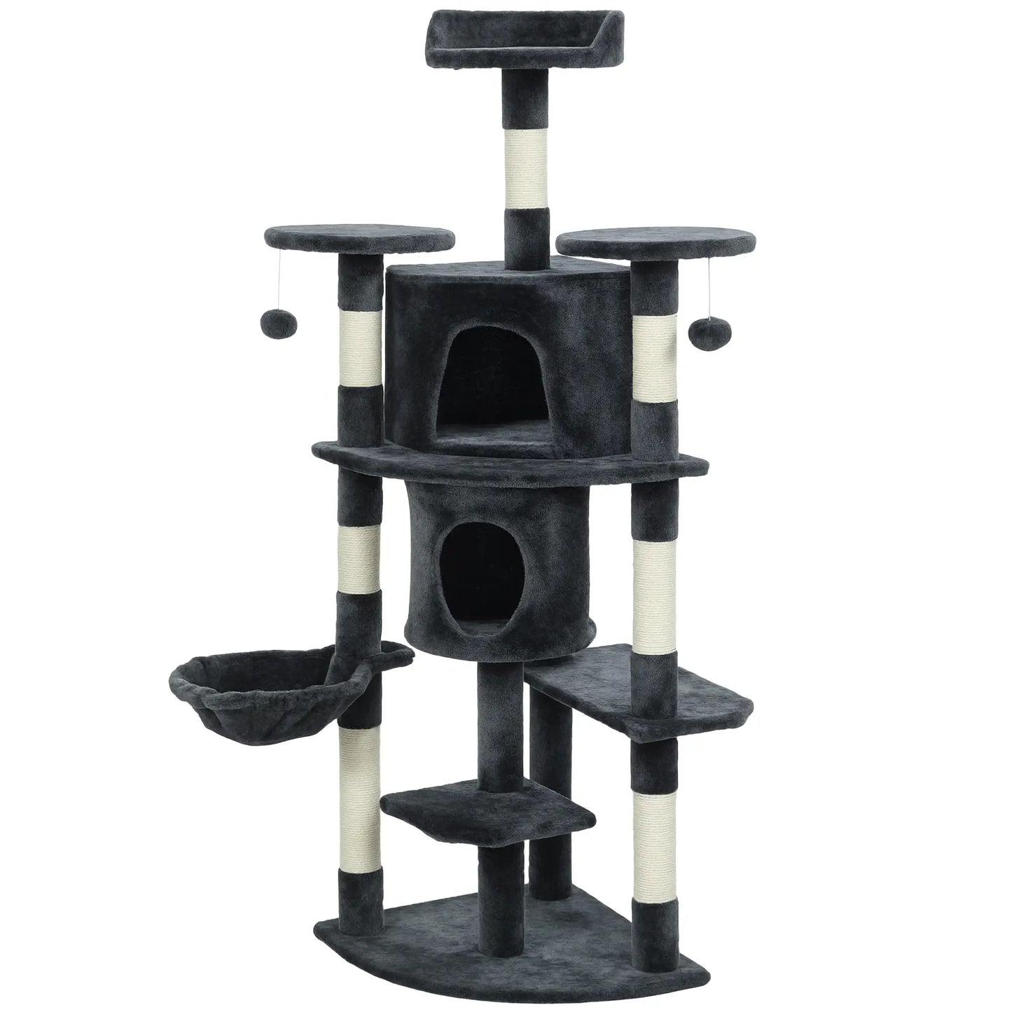 62" Cat Tree, Scratching Post, 2 Condos, Hammock, Perches, Dark Grey