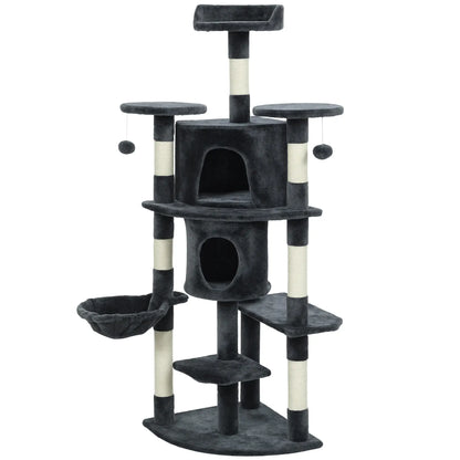 62" Cat Tree, Scratching Post, 2 Condos, Hammock, Perches, Dark Grey