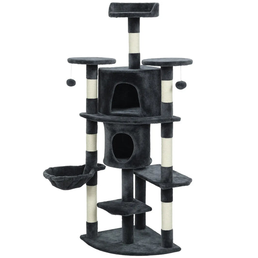 62" Cat Tree, Scratching Post, 2 Condos, Hammock, Perches, Dark Grey