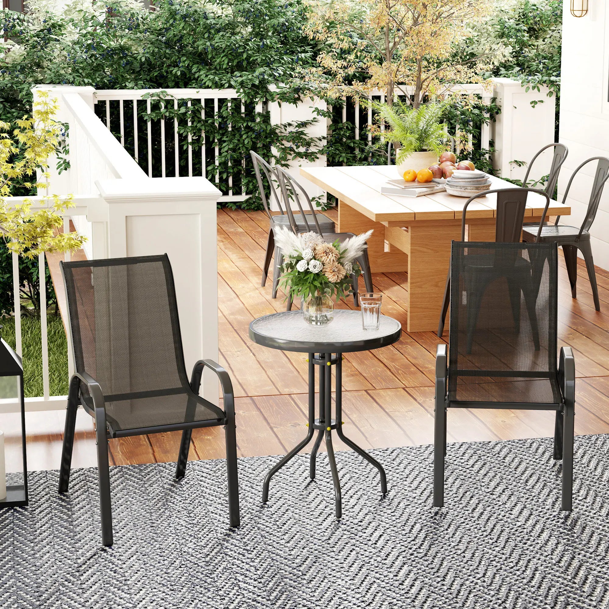 3 Piece Bistro Set, Stackable Mesh Chairs, Glass Table, Black Bistro Sets at Gallery Canada