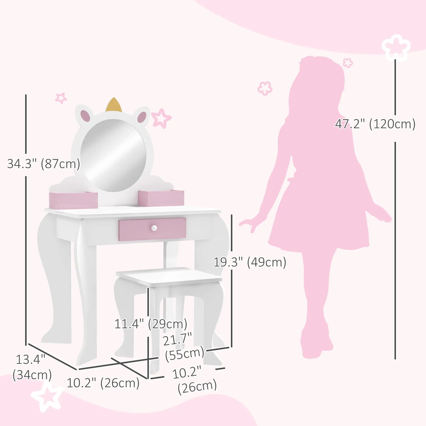 Kids Makeup Vanity Set with Stool, Mirror, Drawer, Unicorn Design, White Toy Vanity at Gallery Canada