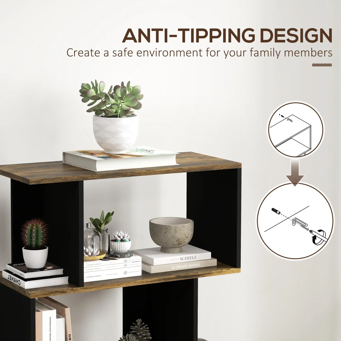 5 Tier Geometric S Shaped Bookcase, Tall Narrow Display Shelf, Rustic Brown Display Bookshelves at Gallery Canada