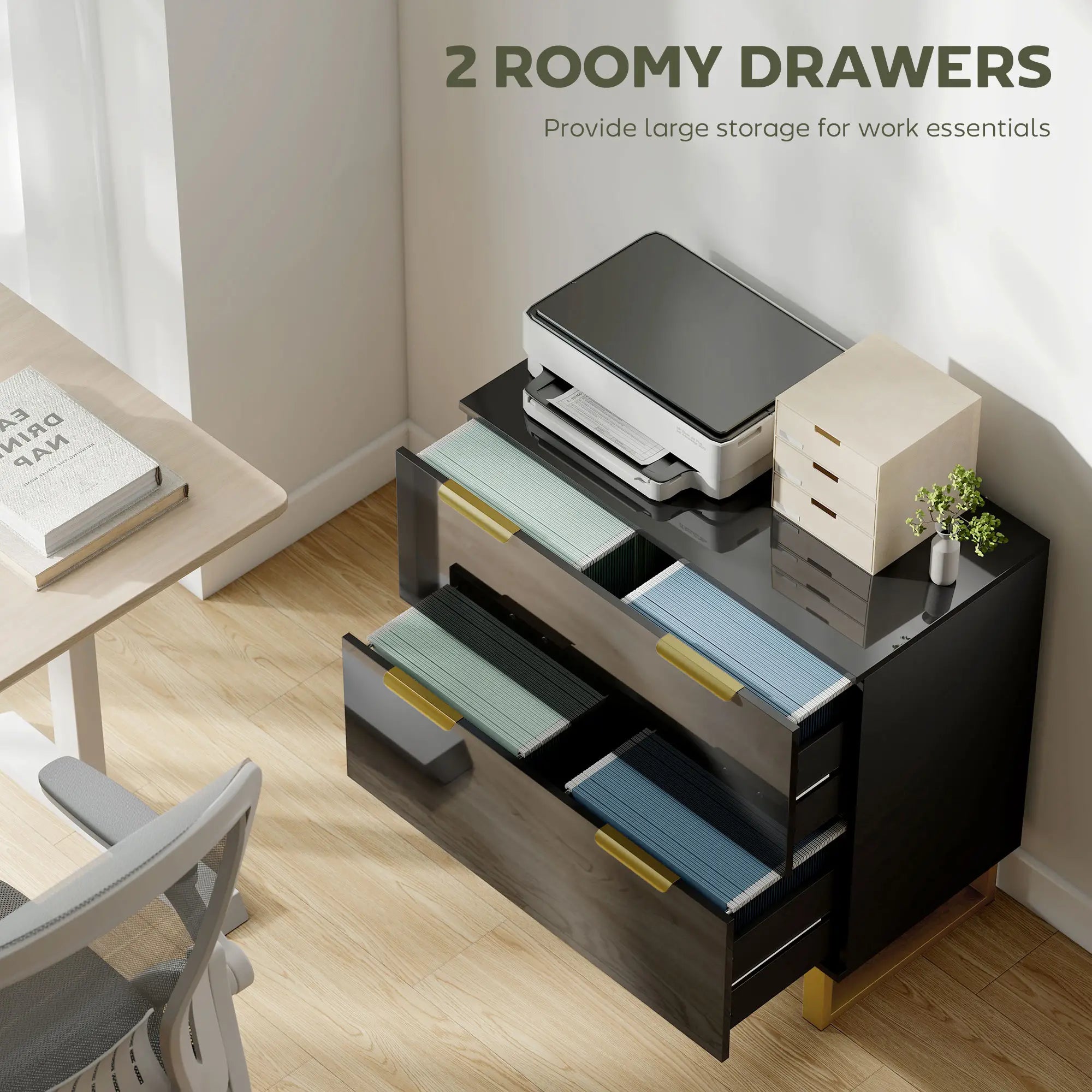 Lateral File Cabinet, 2 Drawers, Letter/A4/Legal Size, High Gloss Black Office Cabinets & Cupboards at Gallery Canada