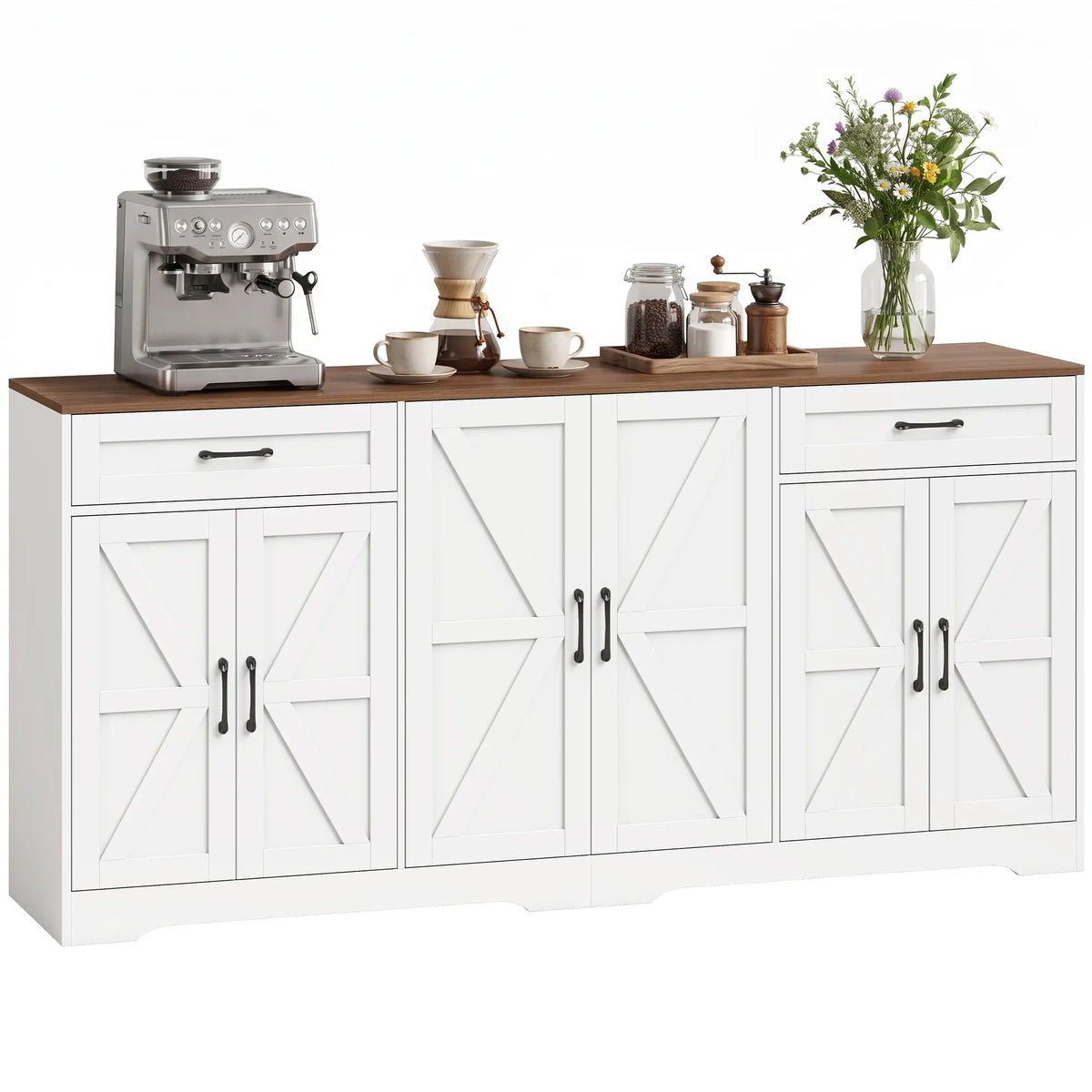 71" Sideboard Buffet Cabinet, Coffee Bar, 2 Drawers, 6 Barn Doors, White