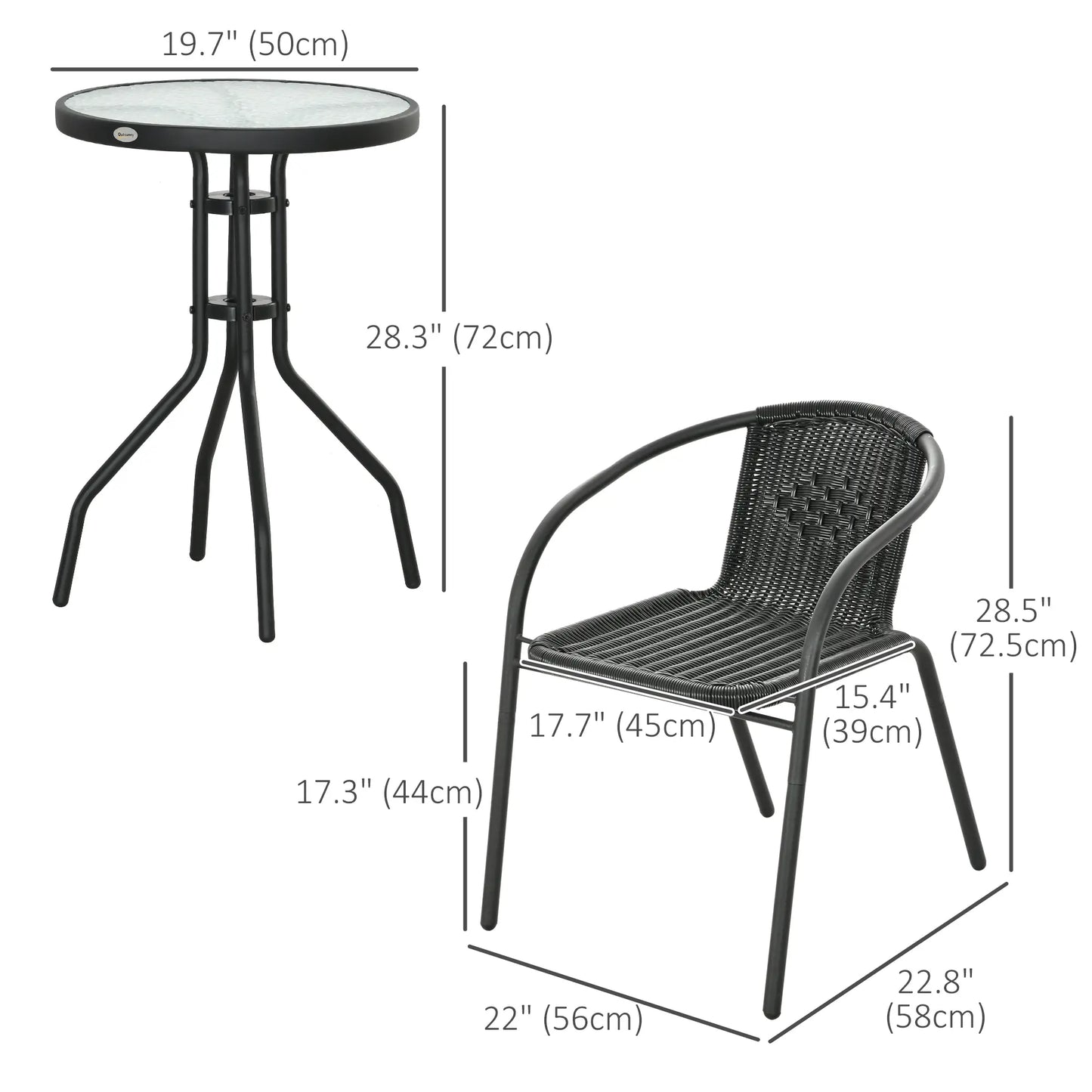 3-Piece Outdoor Wicker Set, 2 Stackable Chairs, Glass Table, Black Bistro Sets at Gallery Canada