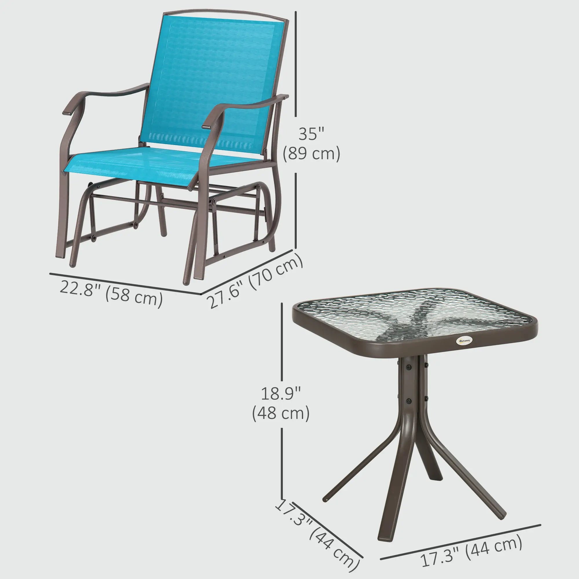 3 Piece Patio Glider Set, Breathable Mesh Seat, Glass Top Table, Blue Outdoor Gliders at Gallery Canada