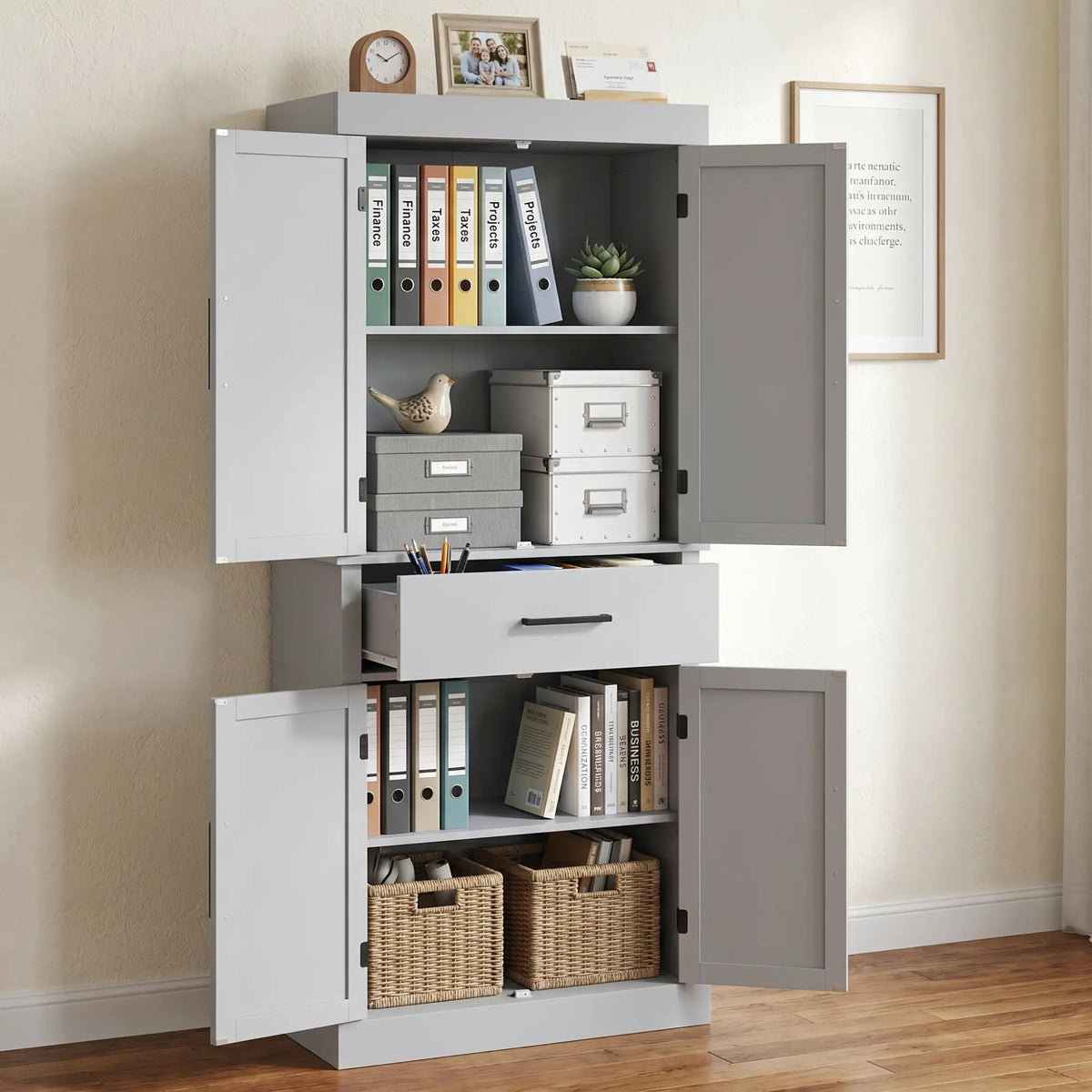 72" Kitchen Storage Cabinet, Farmhouse Pantry, 4 Barn Doors, Drawer, Adjustable Shelves, Grey Kitchen Pantry Cabinets at Gallery Canada