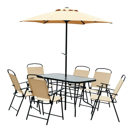 8 PCS Folding Patio Dining Set, 47" Table with 6 Chairs, 7' Umbrella, Beige Outdoor Dining Sets Black Frame, Beige Fabric at Gallery Canada