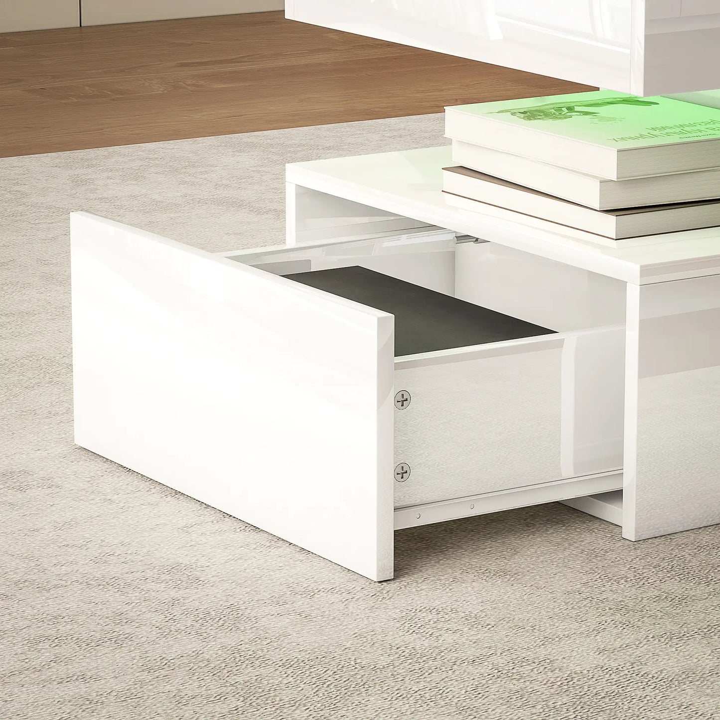 LED Coffee Table, 2 Drawers, Open Shelf, High Gloss White, White Coffee Tables at Gallery Canada