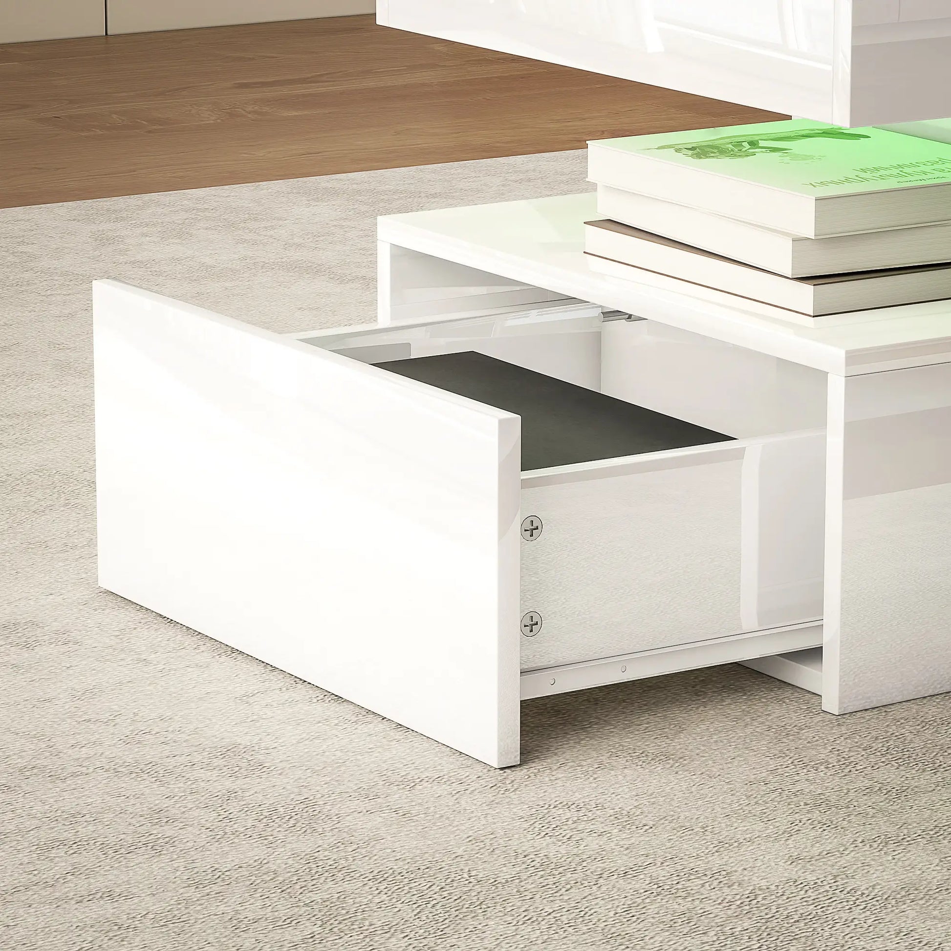 LED Coffee Table, 2 Drawers, Open Shelf, High Gloss White, White Coffee Tables at Gallery Canada