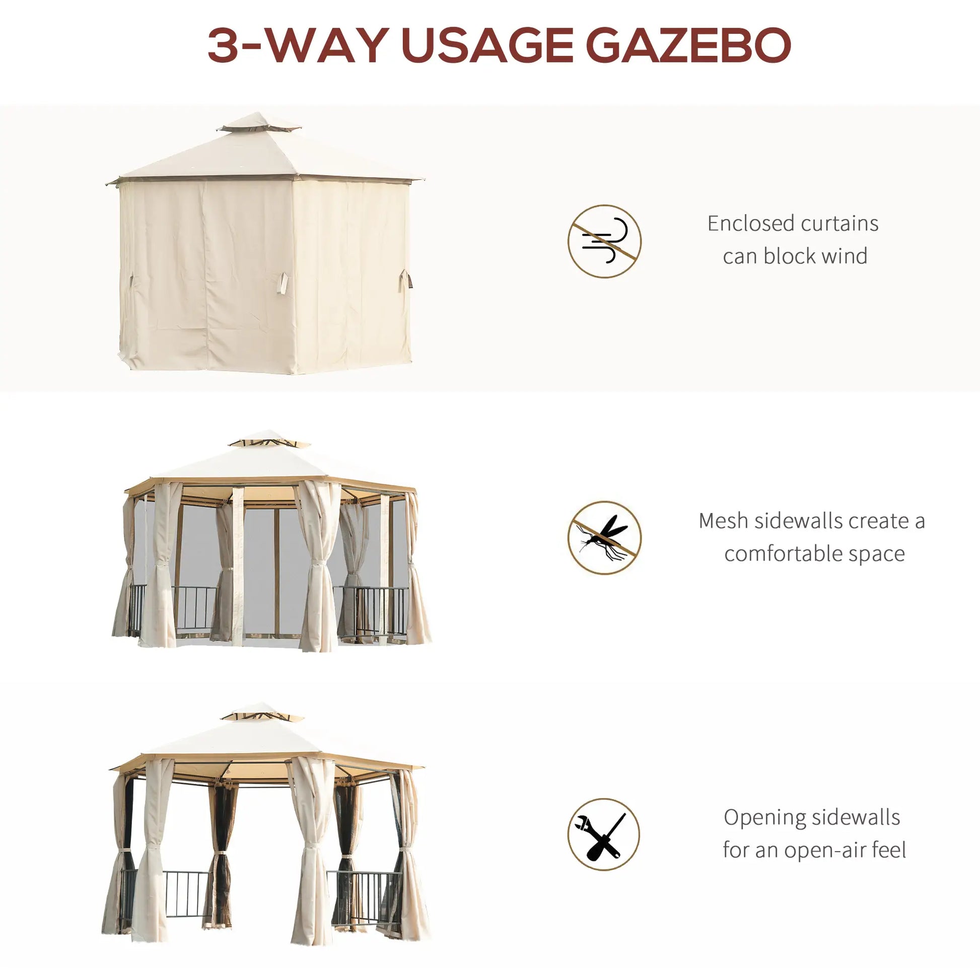 13ft Hexagon Gazebo, Outdoor Canopy Shelter, Netting, Shaded Curtains, Beige Gazebos at Gallery Canada