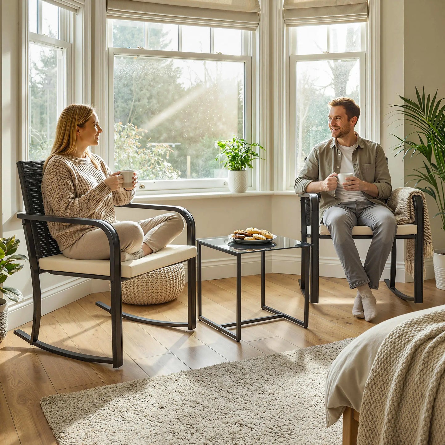 3 Piece Rocking Bistro Set, Glass Coffee Table, Cream White Bistro Sets at Gallery Canada