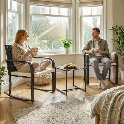 3 Piece Rocking Bistro Set, Glass Coffee Table, Cream White Bistro Sets at Gallery Canada
