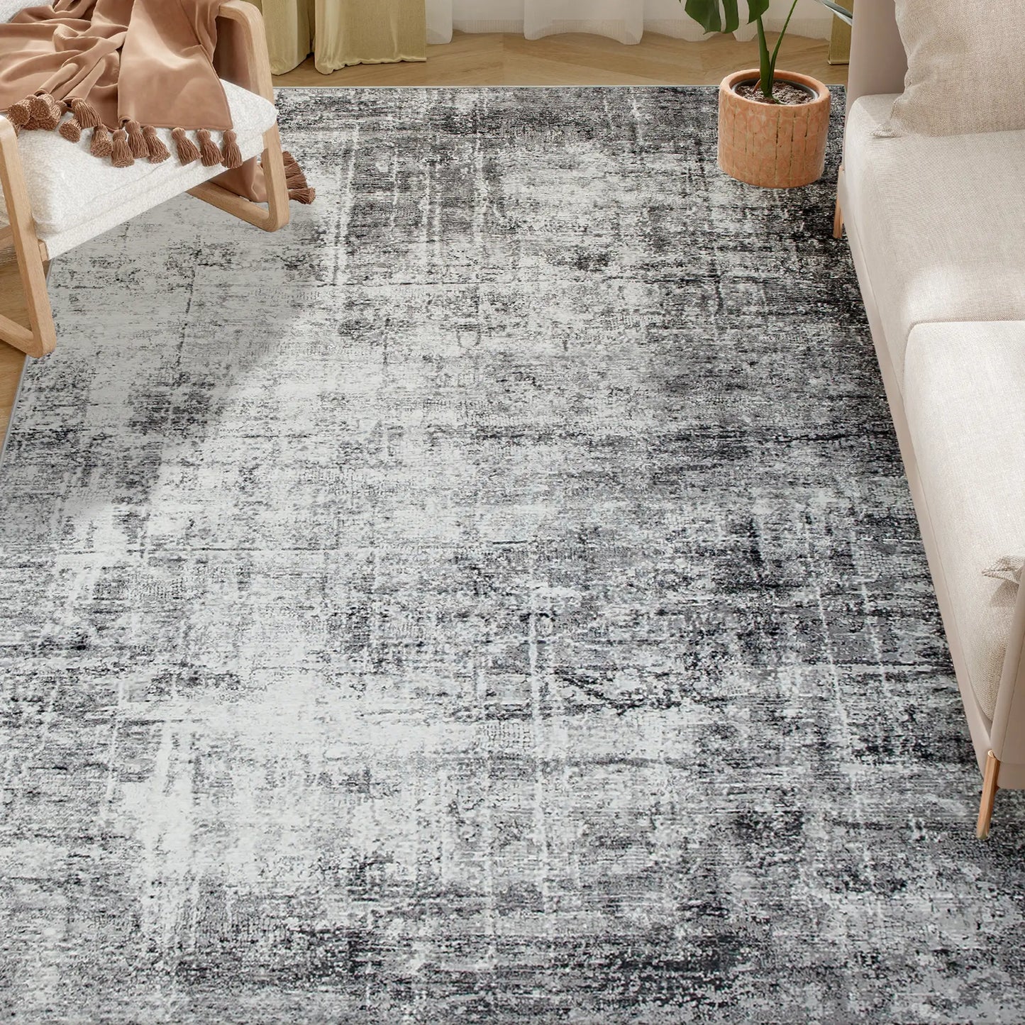 Modern Abstract Area Rug, 6x9, Machine Washable, Non-Slip, Grey Living Room Furniture at Gallery Canada