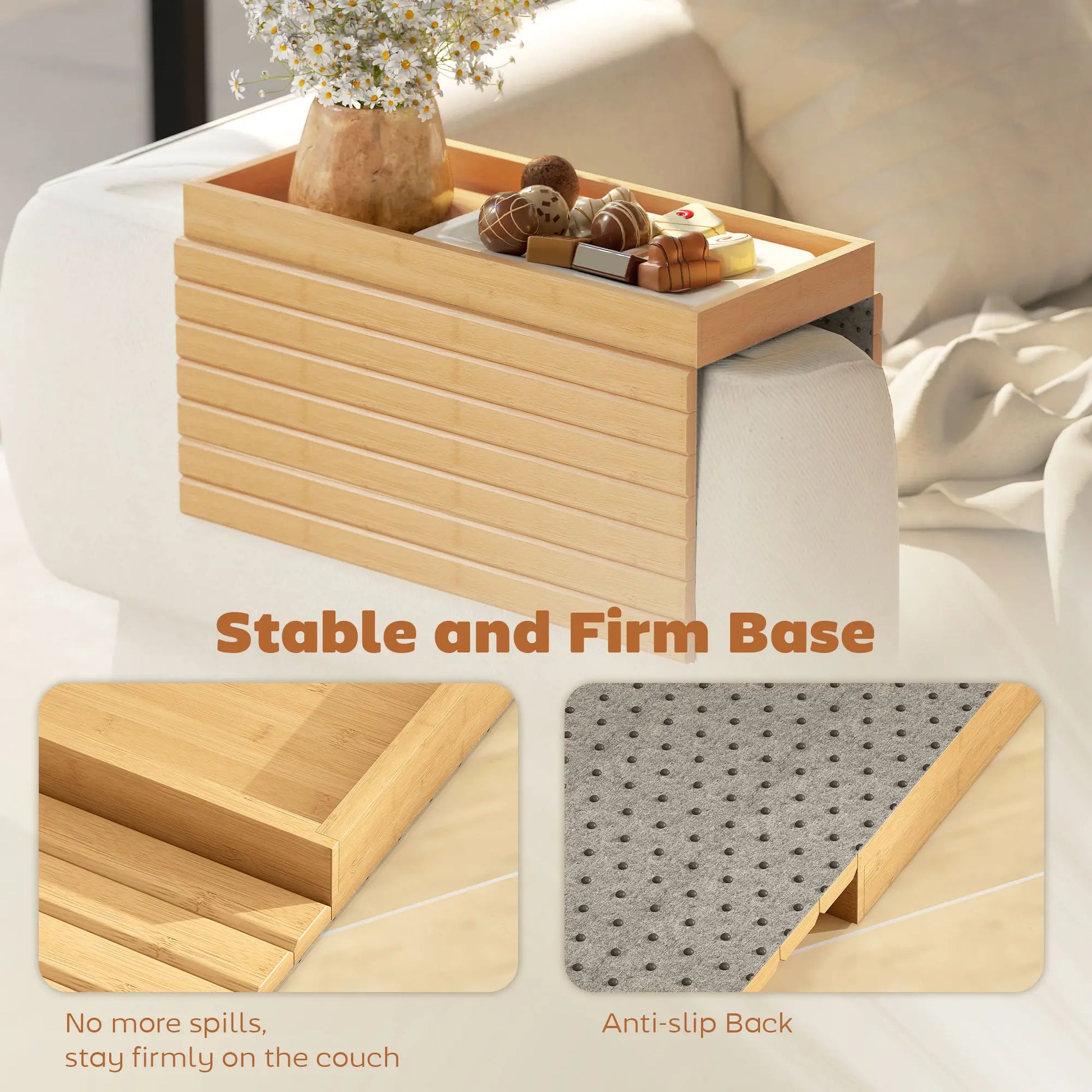 Bamboo Couch Arm Tray, Flexible Roll-up Design, Wide Compartment, Natural Living Room Furniture at Gallery Canada