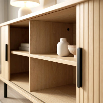 TV Stand for TVs up to 60", Modern Entertainment Center with Curved Sliding Doors, Natural Wood TV Stands at Gallery Canada