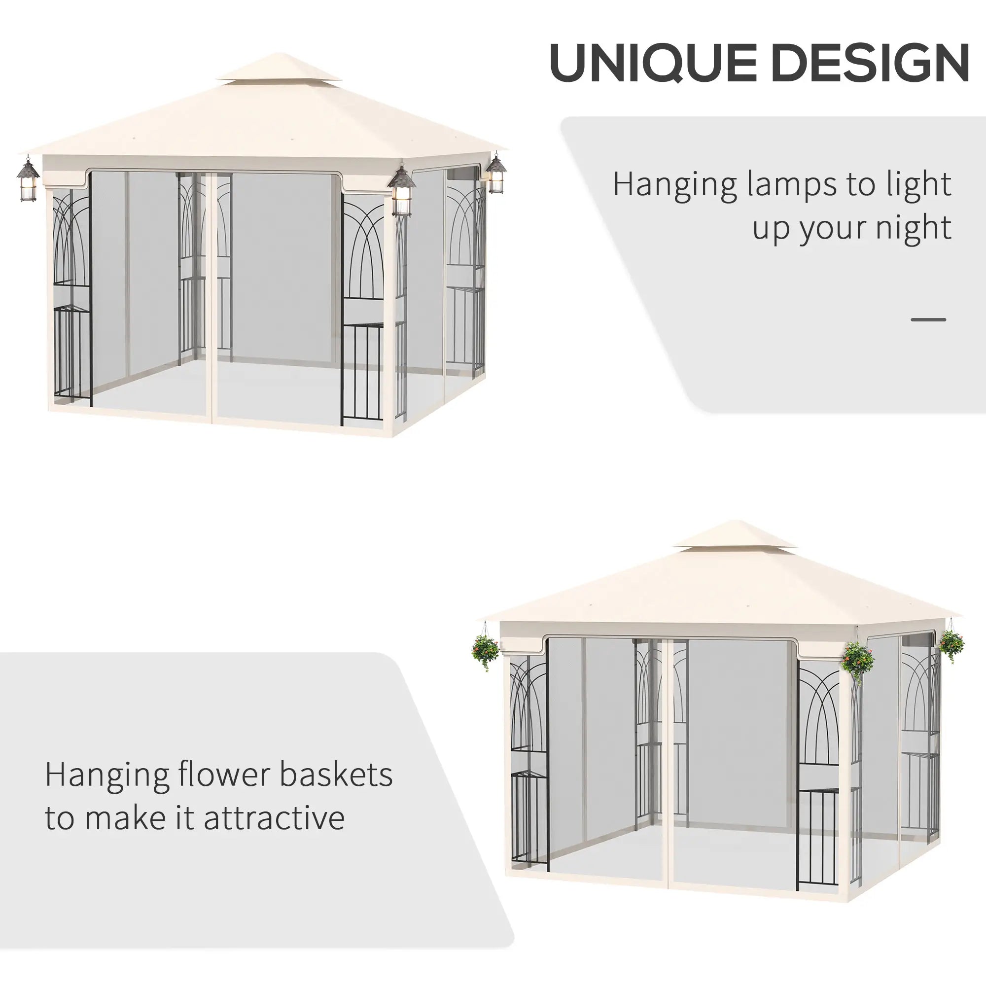 10'x10' Soft-Top Gazebo, Double Tier Roof, Mesh Curtains, Cream Gazebos at Gallery Canada