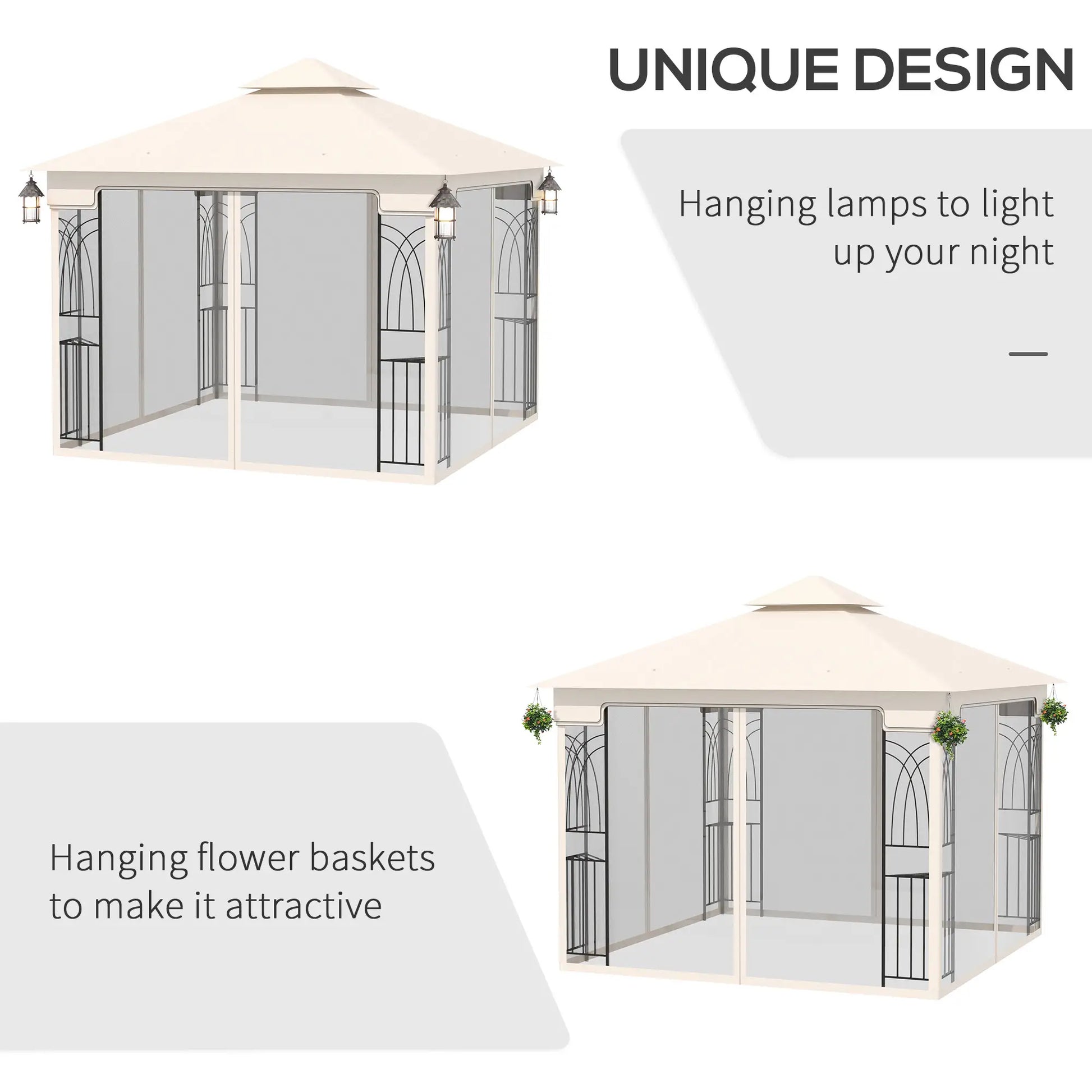 10'x10' Soft-Top Gazebo, Double Tier Roof, Mesh Curtains, Cream Gazebos at Gallery Canada