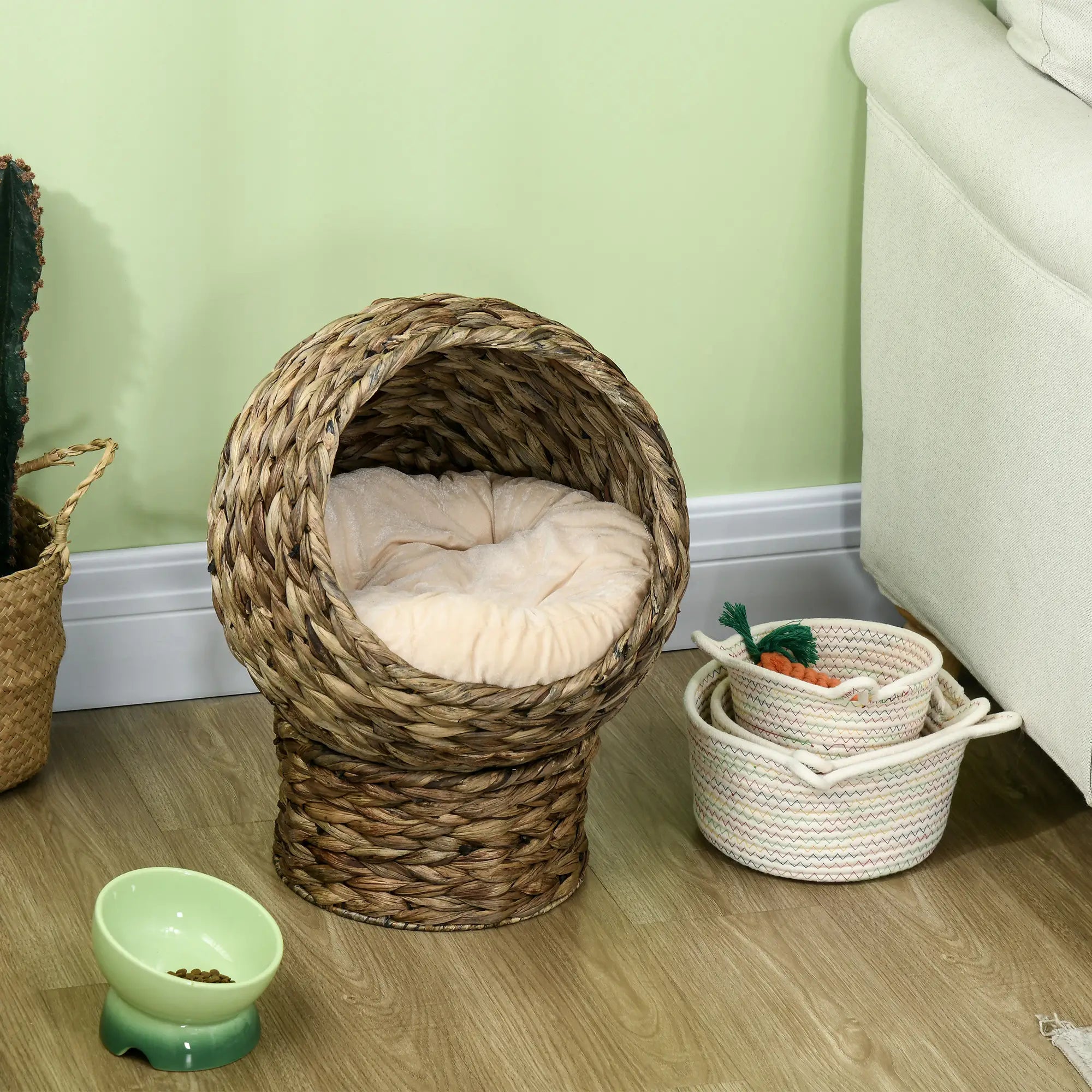 Wicker Cat Bed With Cushion, Stand, Indoor, Dark Brown Cat Houses at Gallery Canada