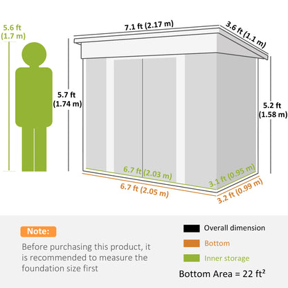 7' x 4' Metal Garden Shed, Lockable Sliding Doors, Vents, Grey
