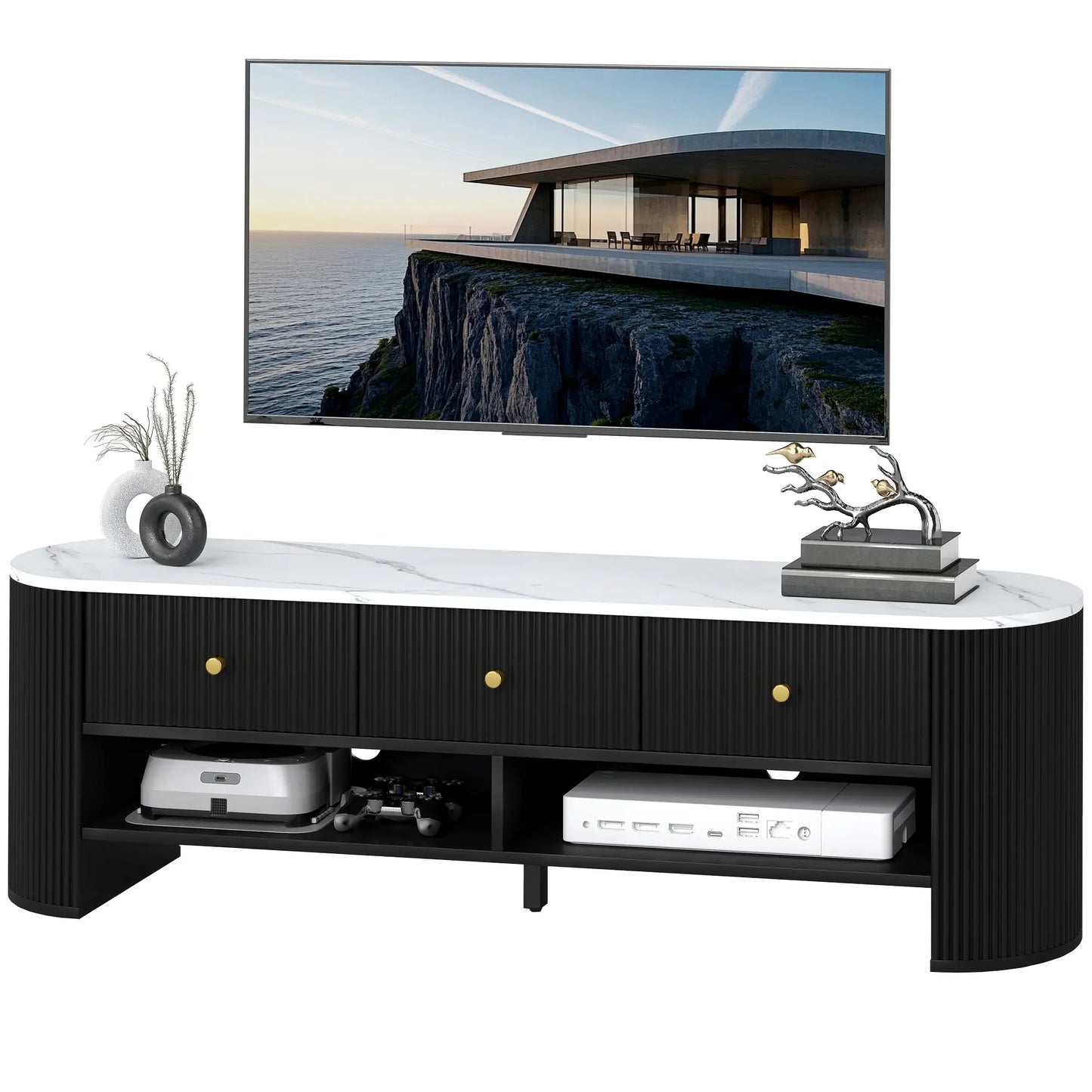 Modern TV Stand, Marble-Effect Top, 3 Drawers, 2 Shelves, 32-65 Inch, Black TV Stands Black, White at Gallery Canada