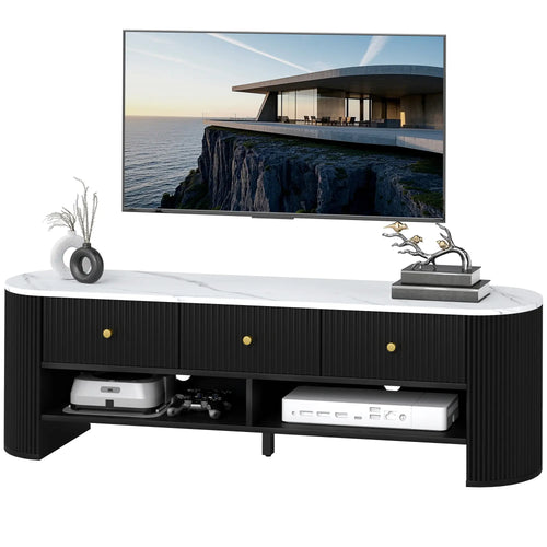 Modern TV Stand, Marble-Effect Top, 3 Drawers, 2 Shelves, 32-65 Inch, Black