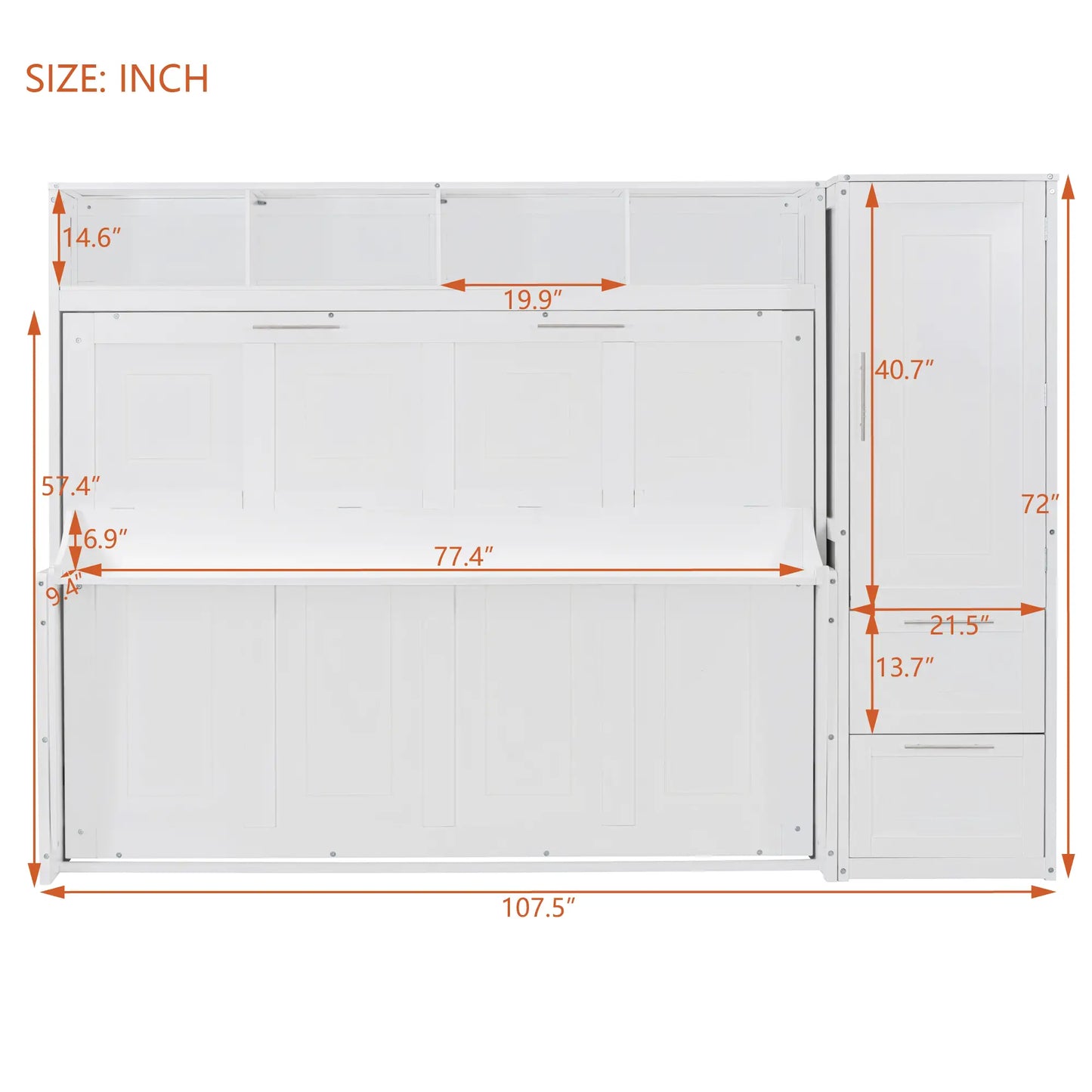 Murphy Bed with Closet, Drawers, 107.5" L x 58" W x 72" H, White Bed Frames at Gallery Canada