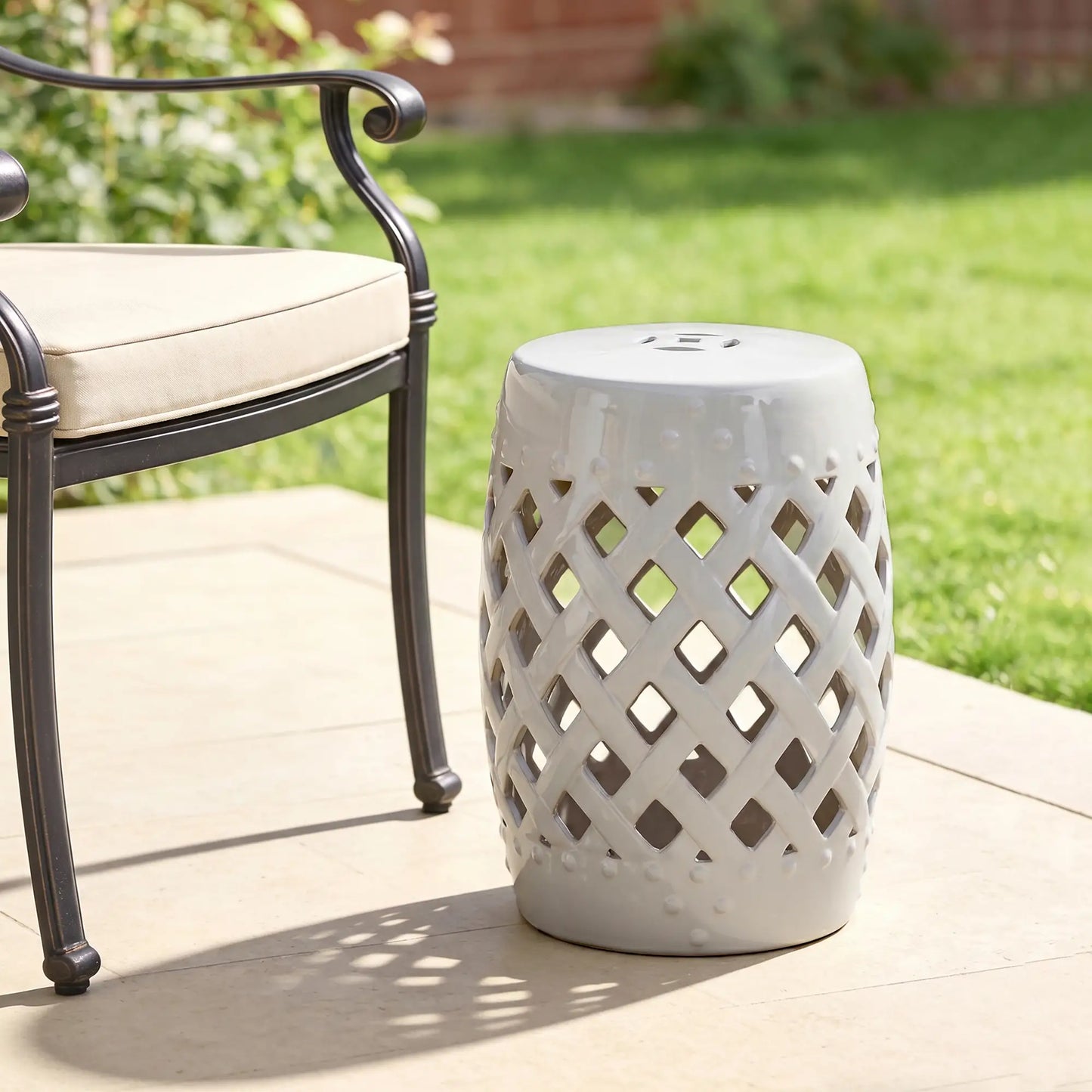 18" Ceramic Garden Stool, Woven Lattice Design, Indoor Outdoor, White Patio Chairs at Gallery Canada