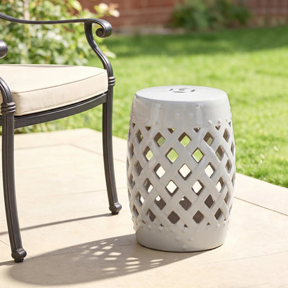 18" Ceramic Garden Stool, Woven Lattice Design, Indoor Outdoor, White Patio Chairs at Gallery Canada