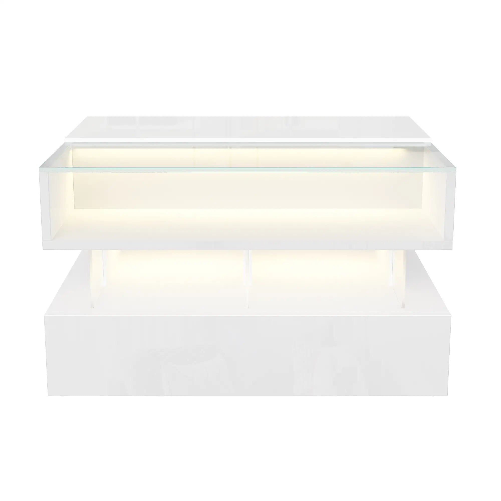 Glass Top LED Coffee Table, Storage Drawer, Adjustable Height, 26