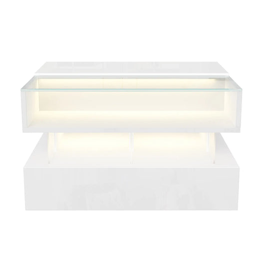 Glass Top LED Coffee Table, Storage Drawer, Adjustable Height, 26" L x 21.5" W x 21.5" H, White Coffee Tables White at Gallery Canada