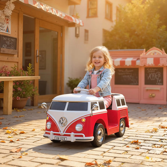 12V Kids Ride on Car, Lisensed Volkswagen T1 Electric Vehicle with Dual Motor and Soft Start for 3-7 Years, Red Electric Toy Cars at Gallery Canada