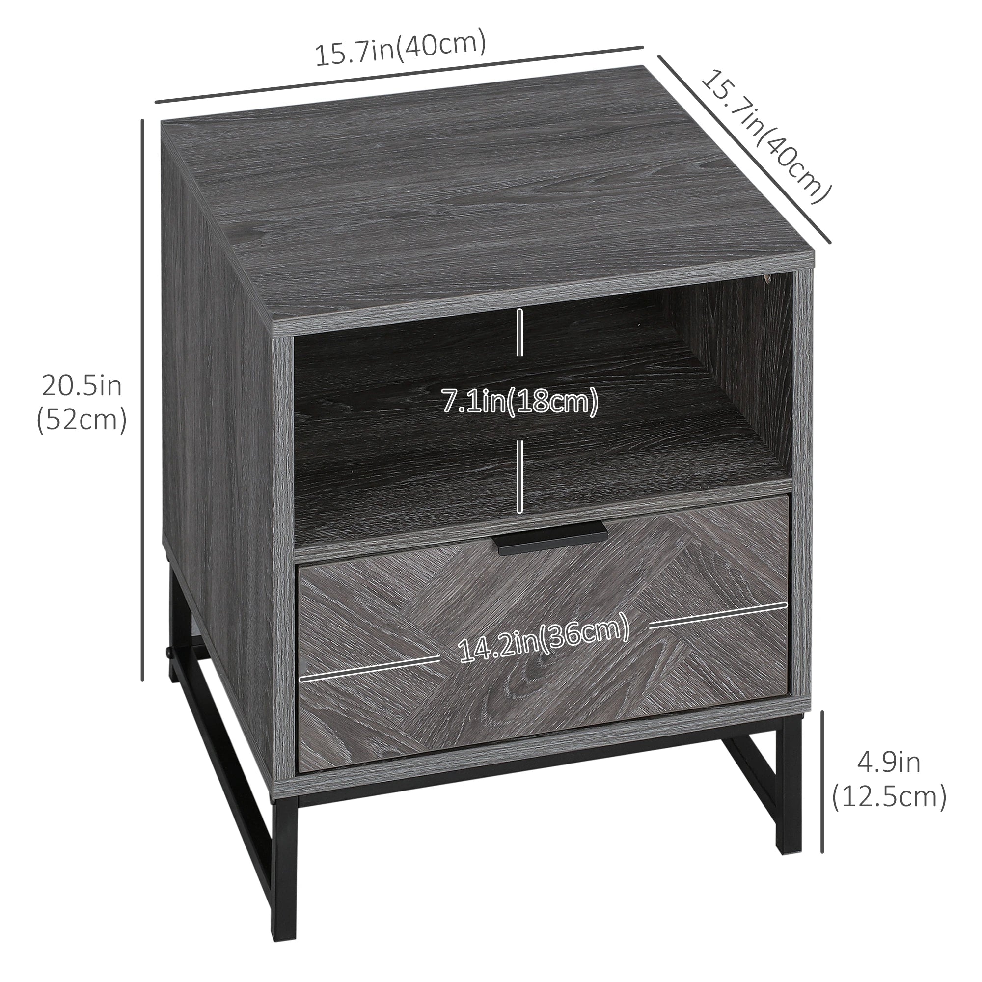 Modern Bedside Table with Drawer, Open Shelf, Dark Grey Bedside Tables at Gallery Canada