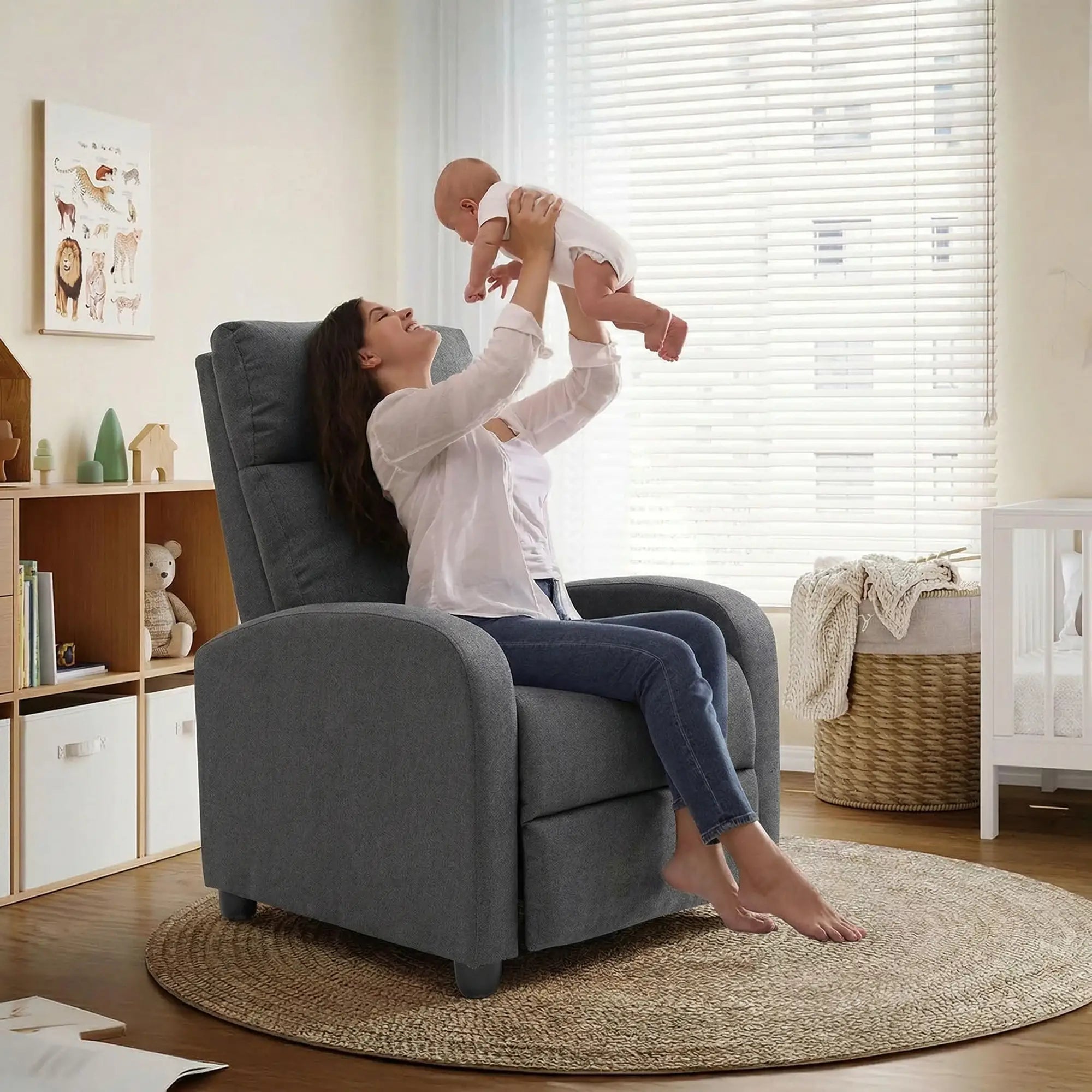 Manual Fabric Recliner Chair, Home Theater Seating, Dark Grey Single Sofas at Gallery Canada