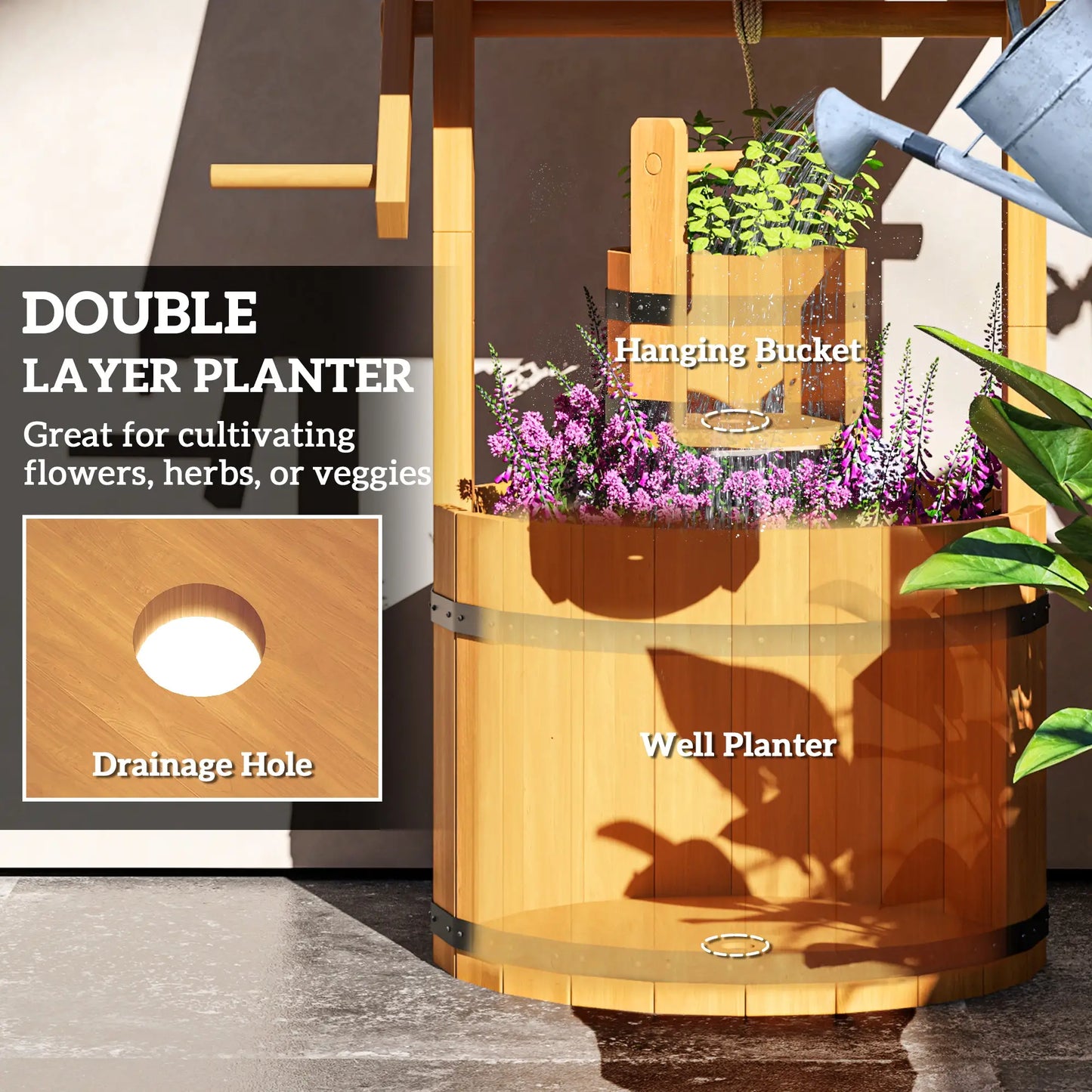 Wood Wishing Well Planter, Hanging Bucket, Drainage Hole, Orange Garden Decor at Gallery Canada