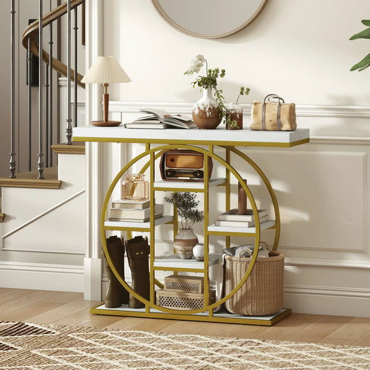 39.4" Console Table With Storage Shelves, White Marble Effect, White