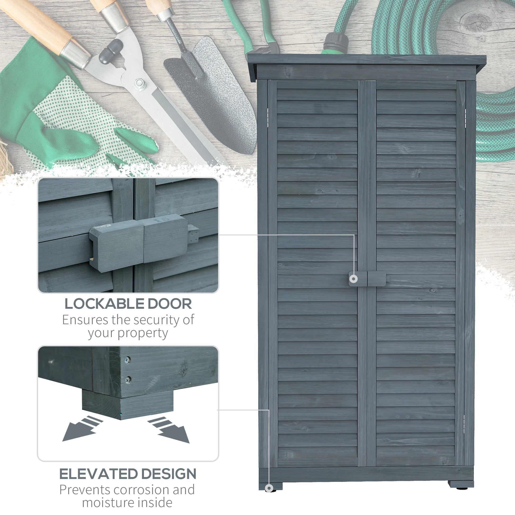 Outdoor Garden Shed, Wooden Tool Storage, 3-Tier Shelves, 34.3" x 18.3" x 63", Grey Sheds at Gallery Canada