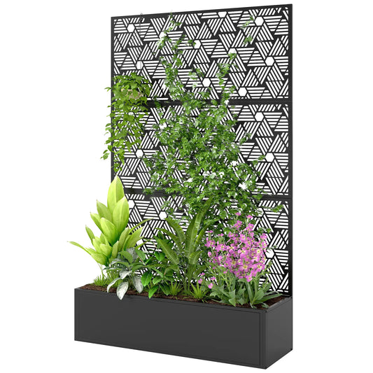 Metal Planter Box With Trellis, 70" Tall Raised Garden Bed, Hexagon Line Cut-Out Galvanized Planter Boxes Black at Gallery Canada