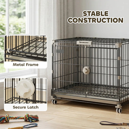 Foldable Dog Crate, 24 Inch Metal Cage, Removable Tray, Lockable Wheels, Black Dog Cages & Crates at Gallery Canada