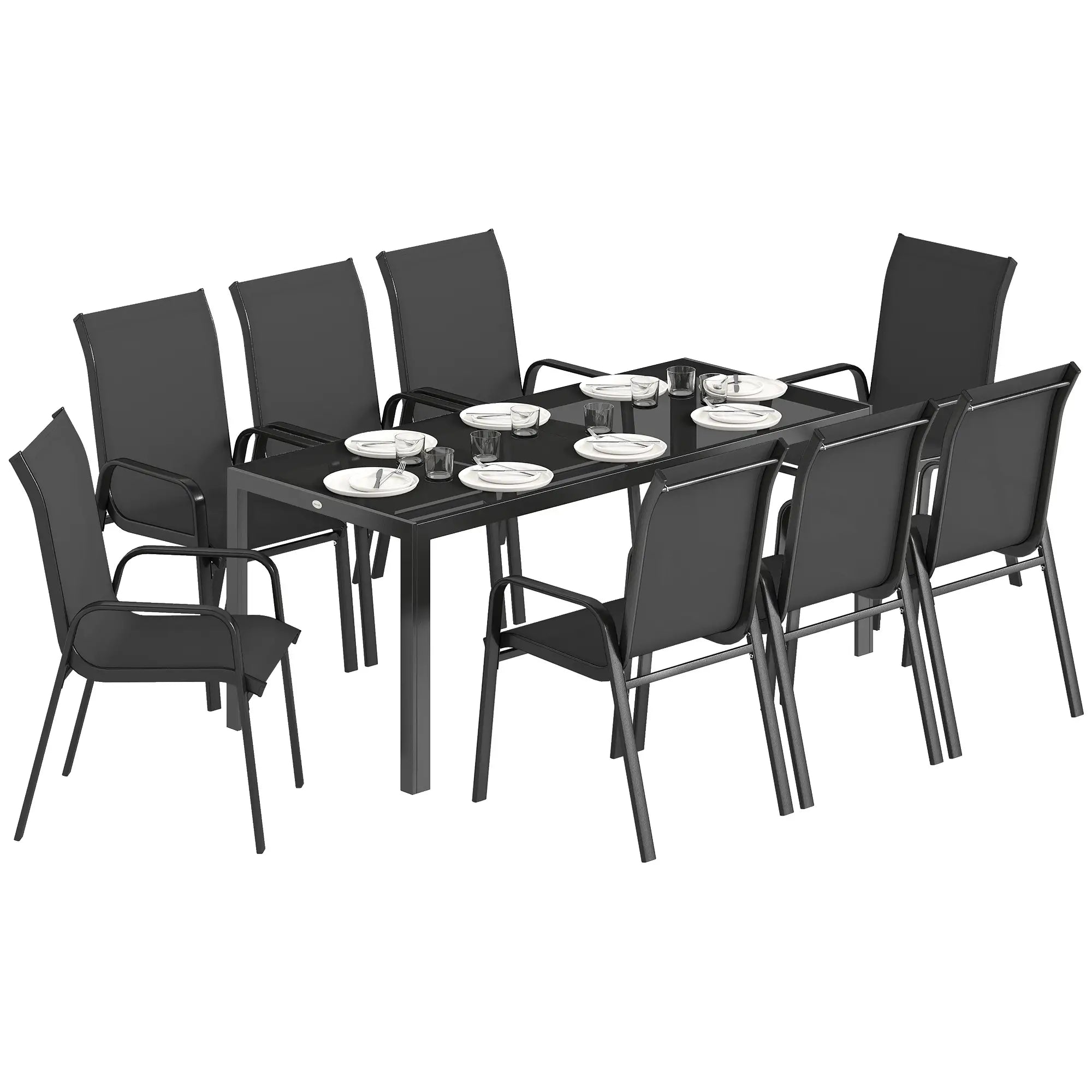 9 Piece Patio Set, Stackable Chairs, Glass Top, Black Outdoor Dining Sets at Gallery Canada