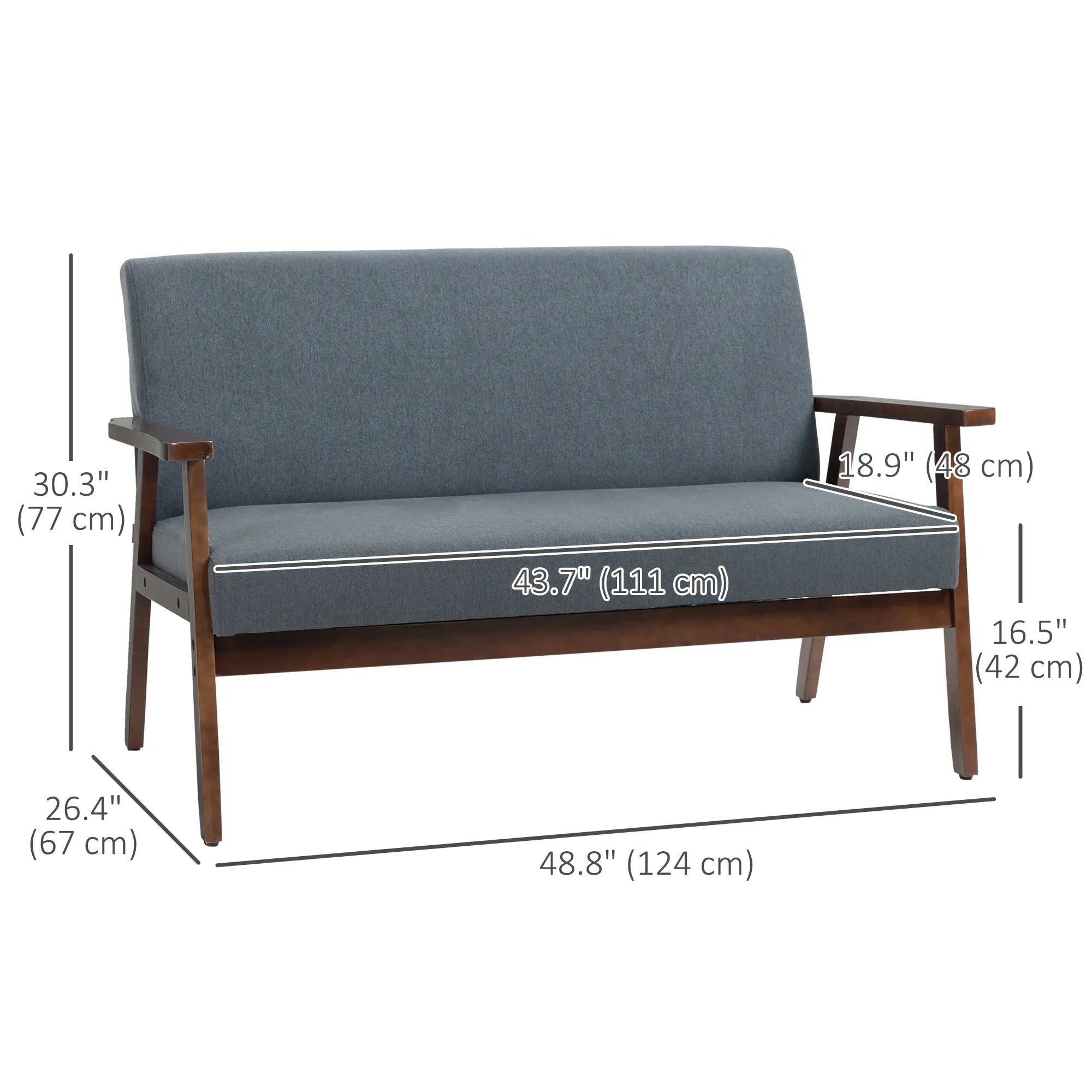 Compact Loveseat Sofa, Linen Fabric, Rubber Wood Legs, Dark Grey 2-Seater Sofas at Gallery Canada
