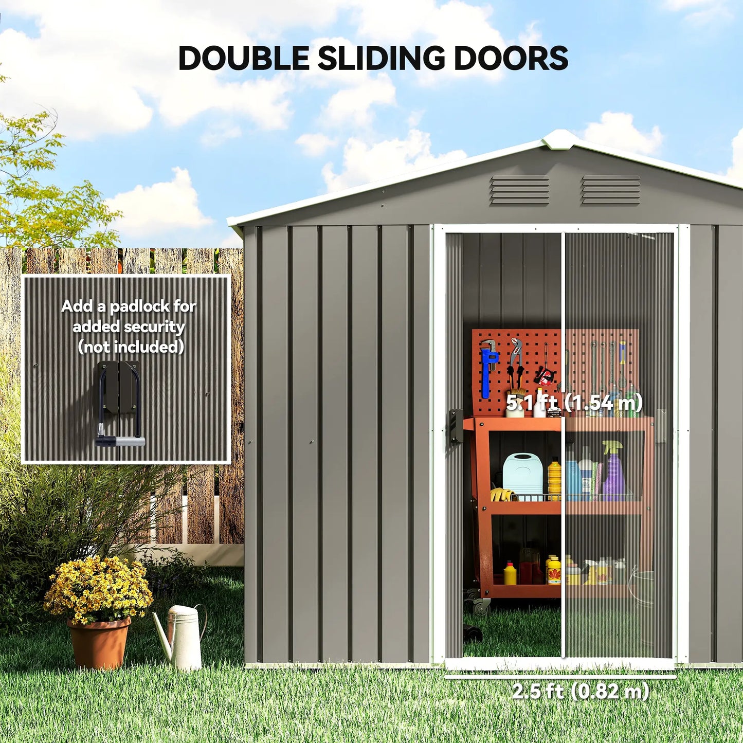 8' x 6' Metal Storage Shed, Lockable Doors, Vents, Light Grey Sheds at Gallery Canada